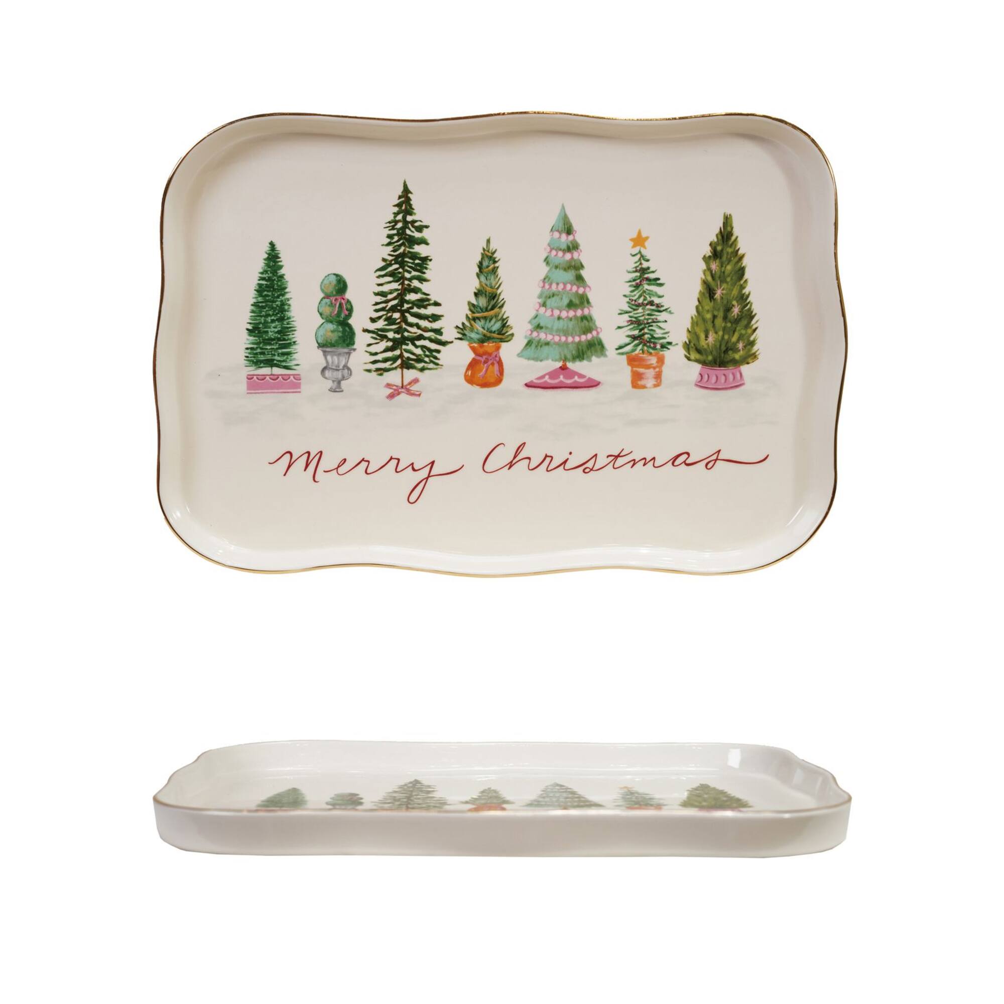 Hello Honey® Stoneware Scalloped Platter with Trees & Gold Electroplating